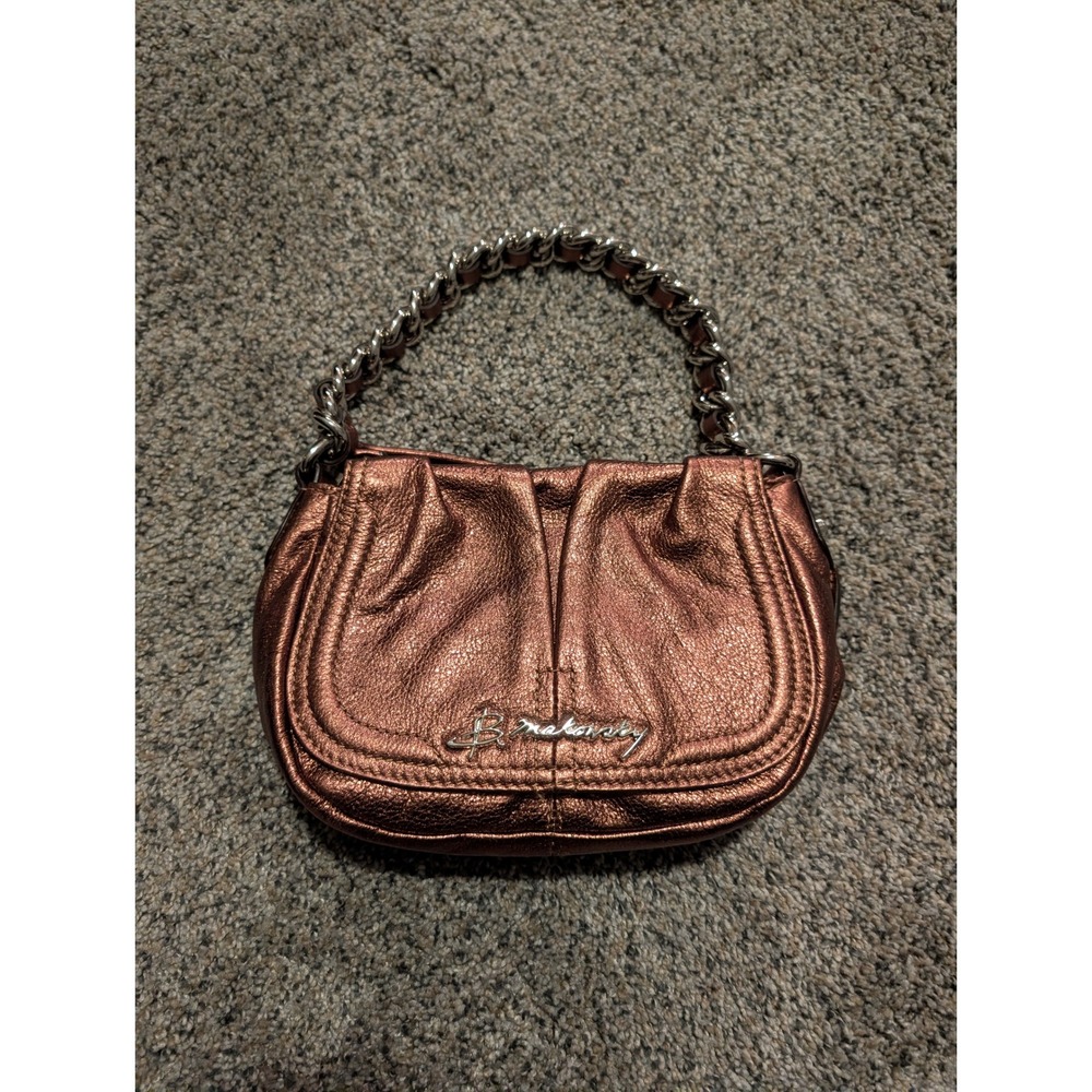 B Makowsky Metallic Bronze Leather Chain Handle Shoulder Bag Leopard Lining‎